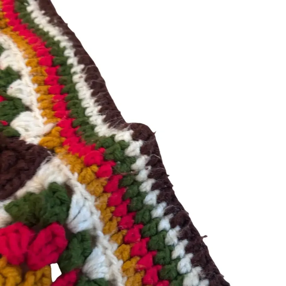 Vintage Hand Crocheted Brown Floral Basket Granny Square Afghan Throw 46x77